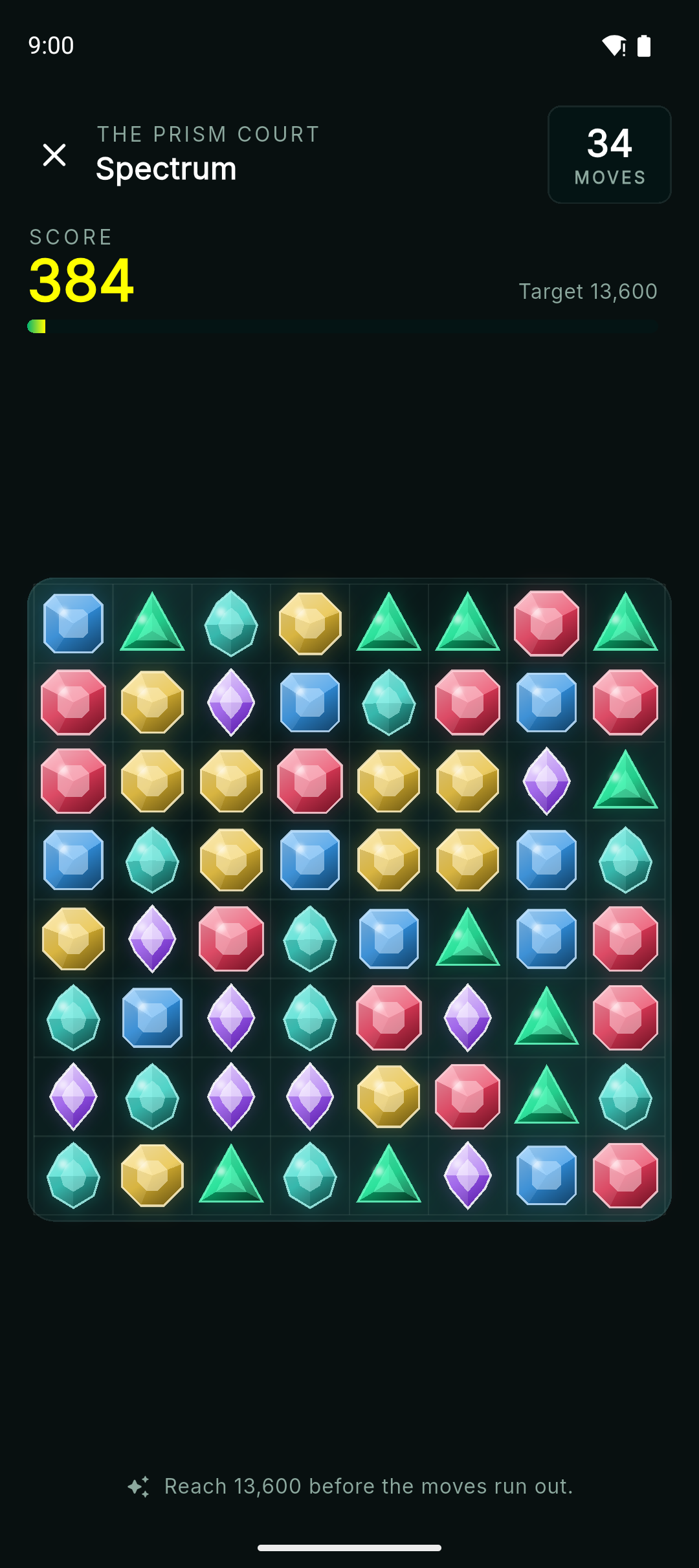 The Lucky Gems match-3 board mid-cascade, showing the level The Prism Court: Spectrum