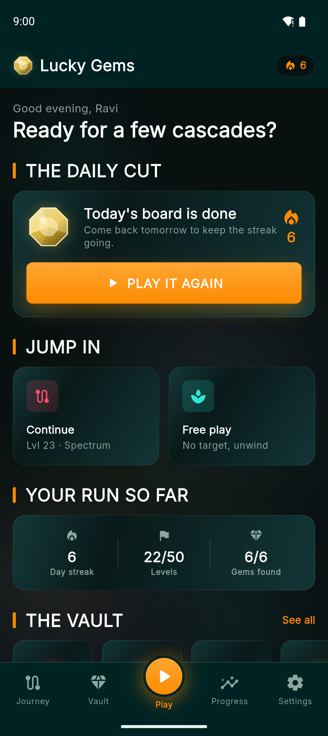 Lucky Gems home hub: the Daily Cut, quick play options, and your run so far
