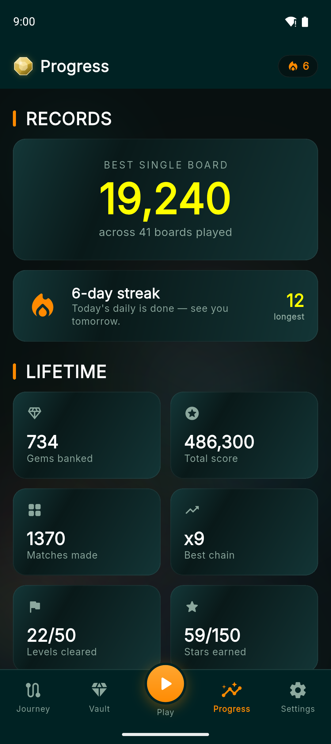 The Progress screen with records, streaks and lifetime stats
